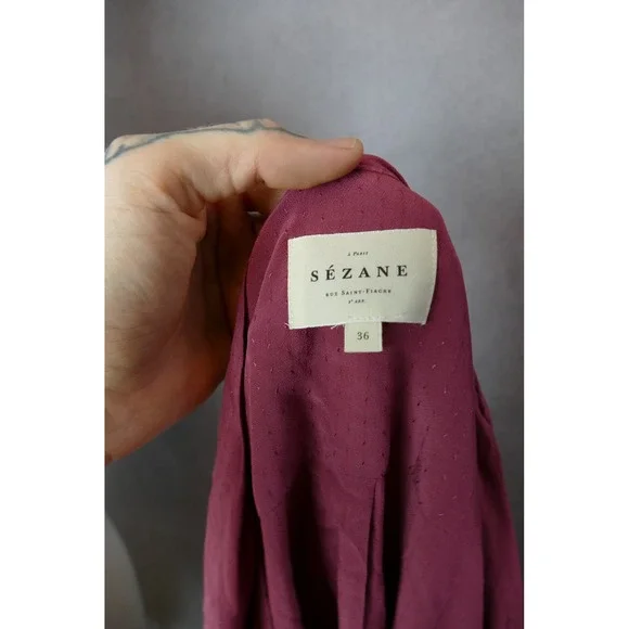 Sezane Abelia Wrap Blouse Top Burgundy‎ Plum Long Sleeve Size 36 Dot Print